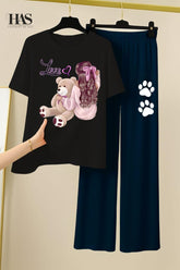 Bear  Love Lady  Printed Nightwear Set with Bear Trouser – Women's Lounge Wear Clothing By Has
